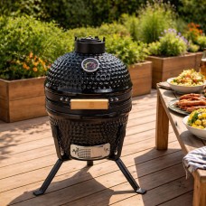 Neo Kamado 13" In Black Ceramic Mini BBQ Grill Smoker Egg Charcoal Cooking Oven, Portable Oven and Smoker with Stand